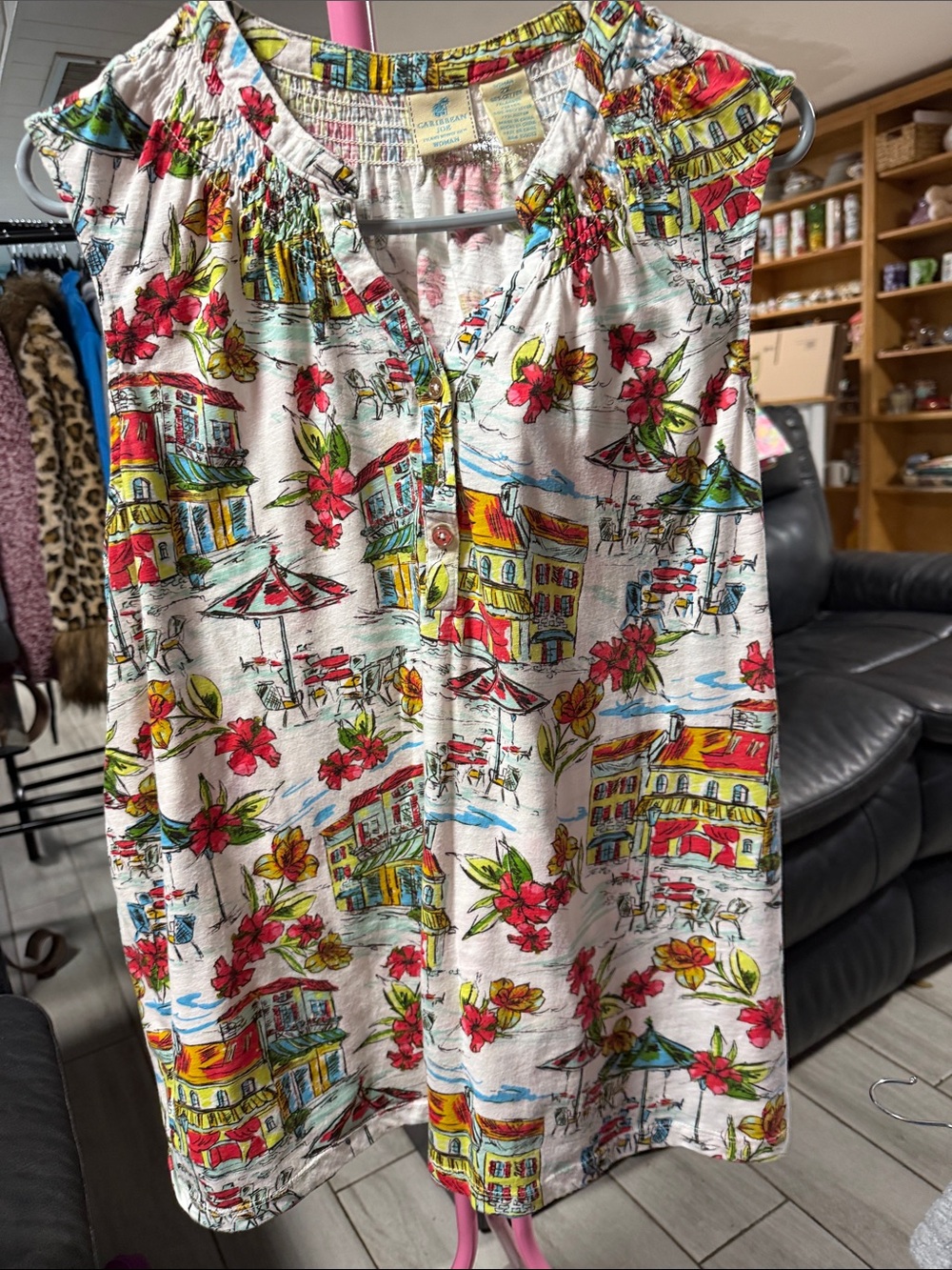 Caribbean Joe White Tank Top with Red, Yellow & Green Floral Print